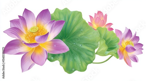 Watercolor illustration of beautiful lotus flowers serene pond artistic artwork natural environment detailed viewpoint