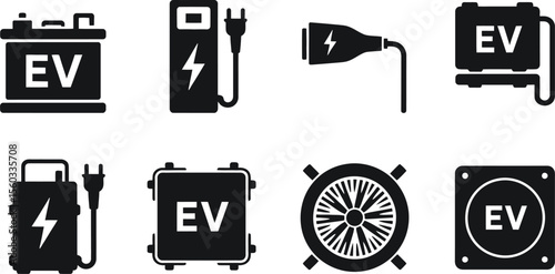 Eight Black Electric Vehicle Icons Set E V Battery Charging Plug Motor