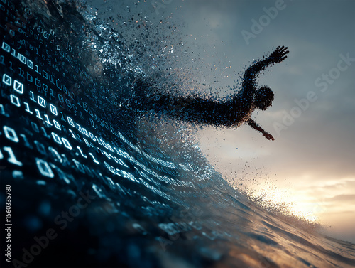 Person diving into a wave made of binary code, digital and physical fusion. Swimming man in information flood. Generative Ai.