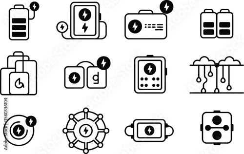 Twelve Black and White Battery Charging Icons vector