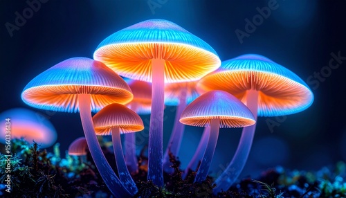 Translucent Glowing Mushrooms with Orange and Cyan Hues, Macro Nature Photography