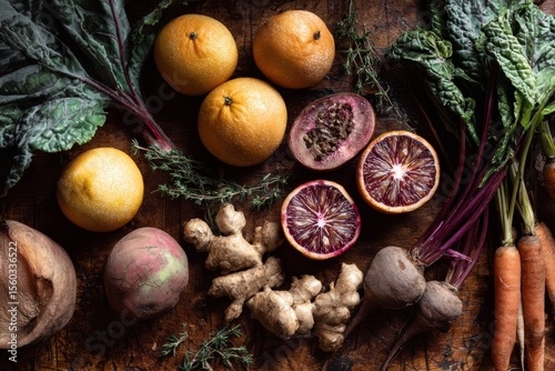 A colorful flatlay of seasonal winter produce including citrus fruits and root vegetables.