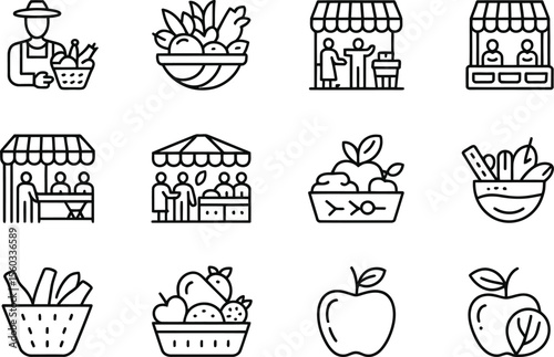 Farmer Market Icons Black and White Line Art Vegetable Fruit Stand