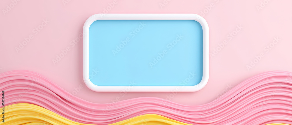 Fototapeta premium Bright blue rectangular frame soft pink background with flowing pink and yellow wave shapes creating cheerful abstract design