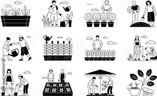 Black and White Illustrations Gardening People Plants Pots Watering