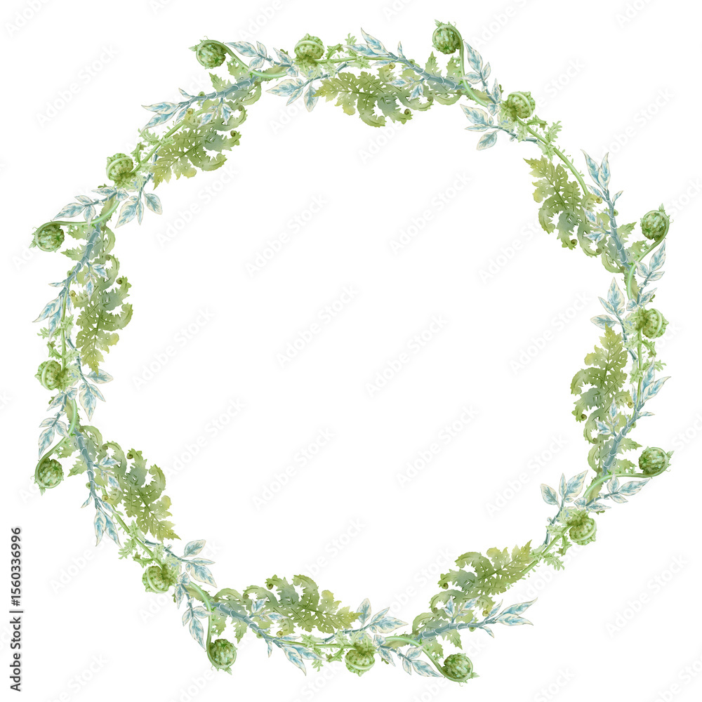 Fototapeta premium Round fern frame with lush fronds. Hand-drawn watercolor natural frame with opened and curled ferns. Perfect for wedding invitations, botanical prints, minimalist home decor, romantic greeting cards.