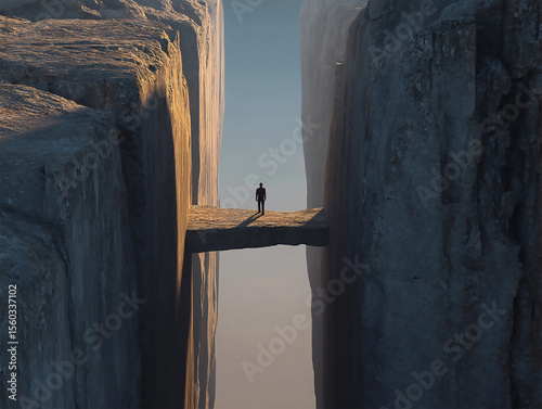 Tiny human walking on thin bridge between two colossal monoliths. Generative Ai.