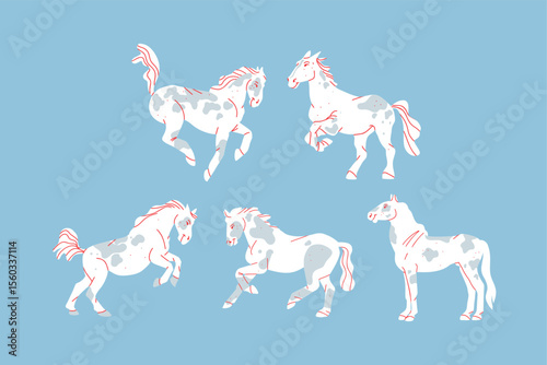 Hand drawn abstract vector clipart illustration collection with color adorable cute, stylized horse character.Trendy modern kids design concept.Vector cartoon fairytale animals symbol. Cartoon animal.