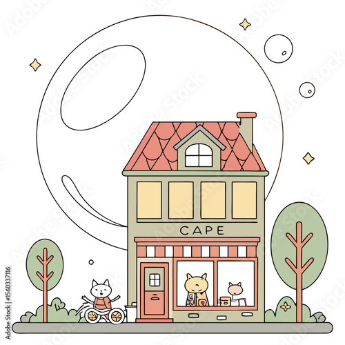 Illustration of a cafe with cats, trees, a large moon, and stars in a whimsical and cartoonish style scene