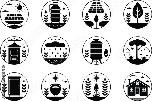 Black and White Circular Icons Sustainable Living Water Solar Energy House