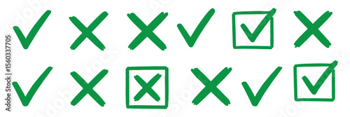 Check tick mark icon set. Cross box x check mark checkbox v list vector draw hand drawn sketch doodle brush marker checklist symbol wrong right circle. Vector Illustration
