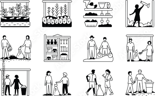 Black and White Illustrations of People Cleaning and Gardening