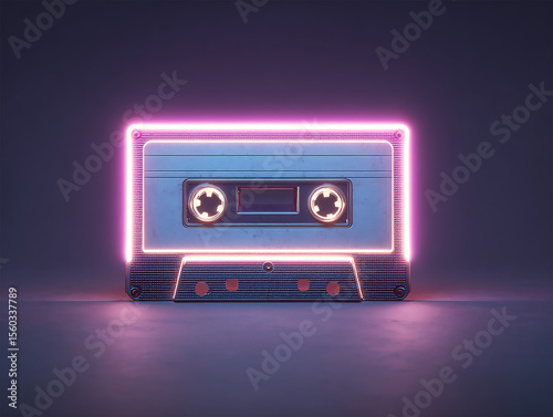 Vintage cassette tape with neon outline on dark background, 80s retro aesthetic, minimal grain. Generative Ai.