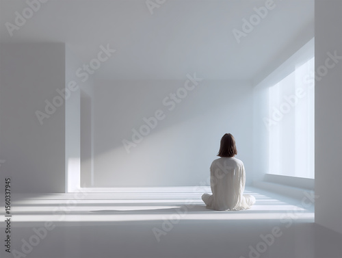 Woman meditating in empty white room, soft shadows, minimal furniture, mental clarity theme. Generative Ai.
