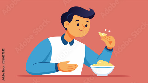 As he dipped a crisp potato chip into a creamy dip the man brushed off any feelings of guilt and reveled in the satisfying crunch and burst of flavor.. Vector illustration