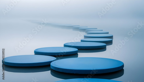 Blue stepping stones leading into a foggy distance
