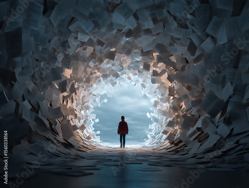 Young person walking into a tunnel made of floating papers, learning journey and education metaphor, dreamy tone. Generative Ai.