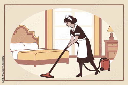 Hotel housekeeper vacuuming room floor in classic uniform vector illustration