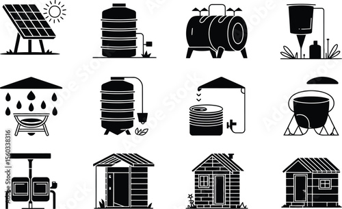 Black Silhouettes Water Storage Systems Solar Power Rural Homes