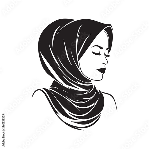 Muslim Woman Hijab Silhouette Portrait Vector Illustration
