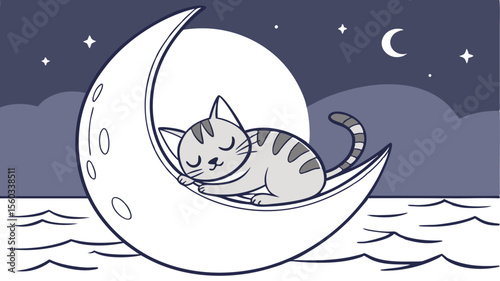 Gray striped cat sleeping peacefully on a crescent moon in a night sky with stars and a full moon above