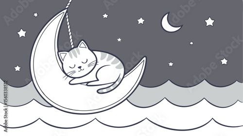 A cat sleeping on a crescent moon hanging from a rope in a starry night sky above wavy clouds drawing