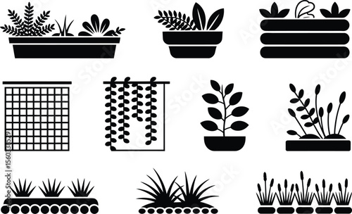 Black and White Plant Pot and Garden Icons Set plants