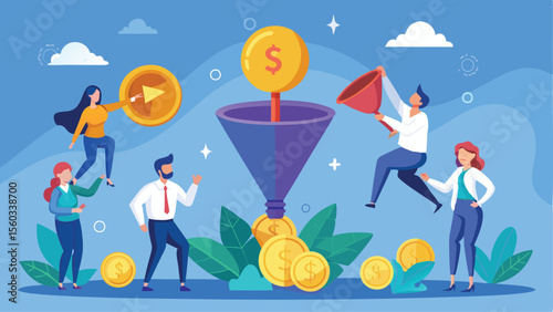 Illustration of people interacting with a funnel and coins on a blue background design concept