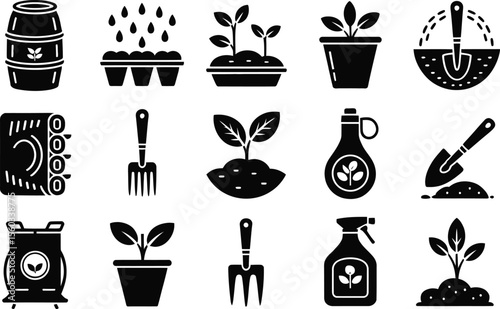 Gardening Icons Black Silhouettes Plant Seeds Tools Fertilizer
