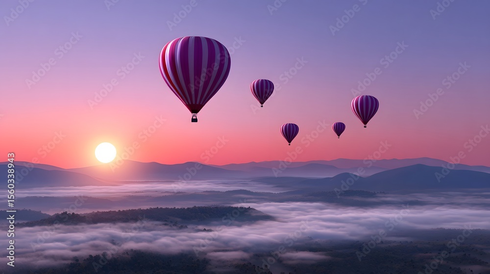Obraz premium Hot air balloons floating over a misty mountain landscape at sunrise