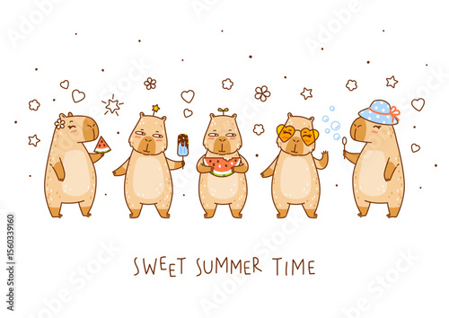 Cute сartoon capybaras with watermelon and sun glasses and ice cream and hat isolated on white background - funny animals for Your happy summer greeting card design