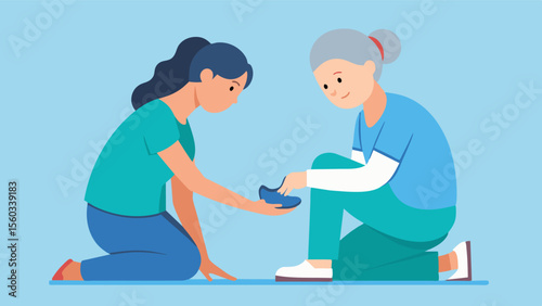 A home health care nurse patiently teaches a stroke survivor how to relearn basic tasks such as tying their shoes or brushing their teeth.. Vector illustration