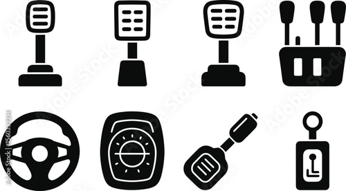Black and White Car Parts Icons Set Gearshift Steering Wheel