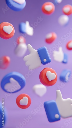 Floating 3d social media icons like thumbs up and hearts on a purple background
