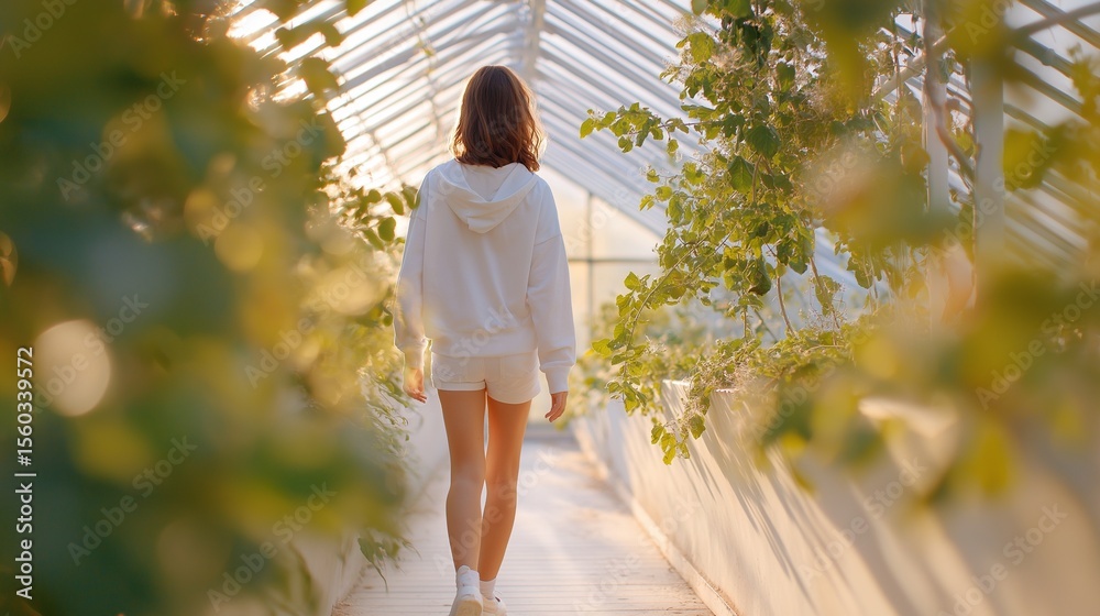 Woman in white hoodie walks through a greenhouse. Sunlight streams through the glass roof. Woman in white hoodie walks through a greenhouse. Sunlight streams through the glass roof.