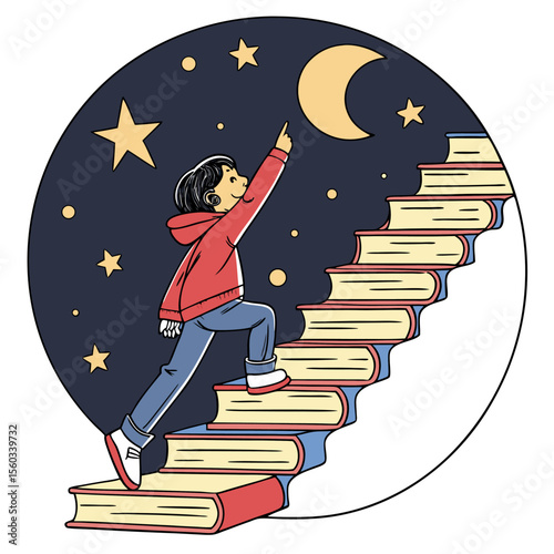 A child in a red hoodie climbs a staircase made of books reaching for the moon and stars in the night sky