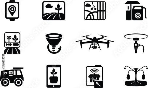 Smart Farming Technology Icons Black Glyphs Set agriculture technology