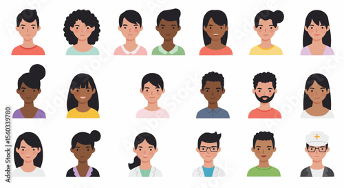 Diverse avatar faces – multicultural profile icons in modern flat illustration style.