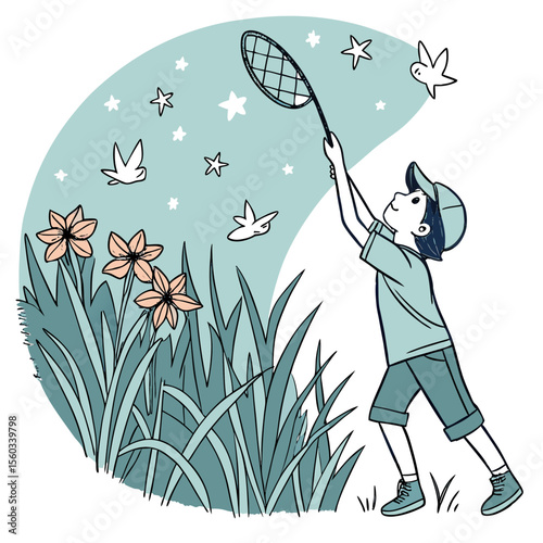 A boy with a cap trying to catch stars and birds with a net in a field of flowers and tall grass