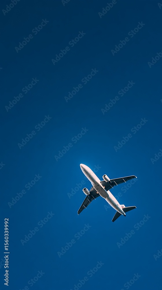 Fototapeta premium Commercial airplane flying high in a clear blue sky seen from below