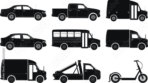 Black Silhouettes of Cars Trucks Bus Van and Scooter