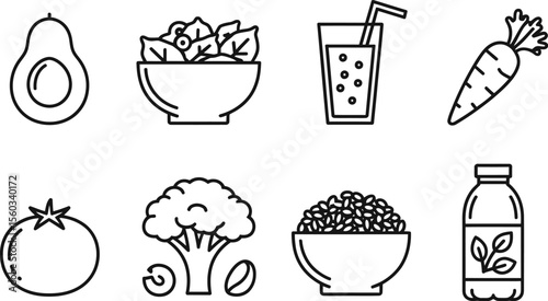 Black and White Line Art Healthy Food Icons Avocado Salad Juice Carrot Tomato Broccoli Rice Bottle