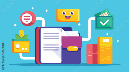 Illustration of a stylized notebook with connected icons and a light blue background color scheme