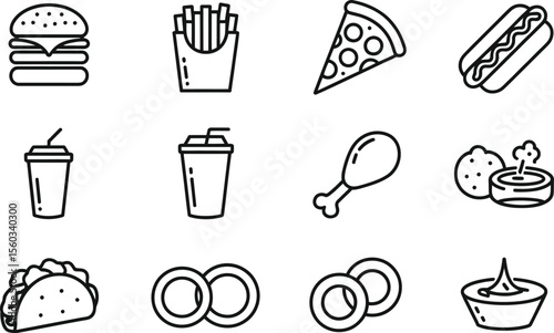 Fast Food Icons Black Line Art Set Burger Fries Pizza Hot Dog Taco
