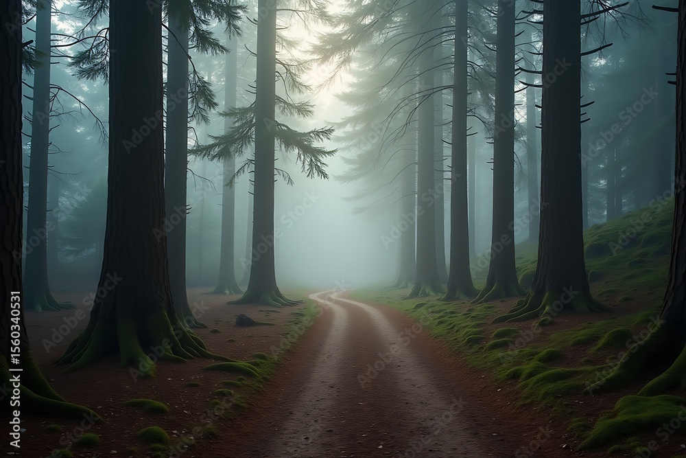 Fototapeta premium Serene Forest Path Winding Through Tall Dark Green Pine Trees Misty Morning Atmosphere