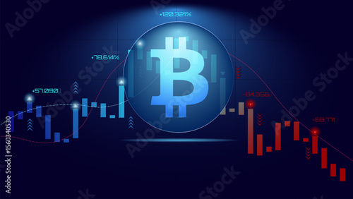 Cryptocurrency market trading chart displays a prominent bitcoin symbol, emphasizing a digital finance theme. Concept of real-time trading visualized through glowing charts