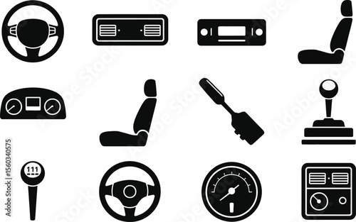 Black Car Interior Parts Icons Set Steering Wheel Gear Shift Seats Gauges