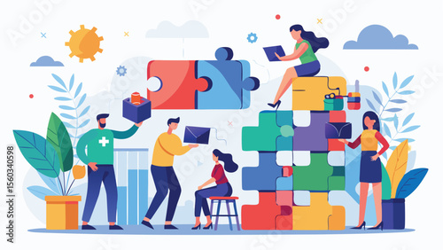 Teamwork illustration showing people collaborating to build a puzzle structure together showing unity