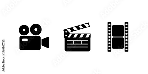 Filmmaking Icons Camera, Clapperboard, and Film Reel -  A Visual Guide to Movie Production