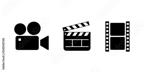 video icons. shooting set icon. Film shooting, camera, old film, clapboard symbol for app, website, design element. movie concept. vector illustration on white background